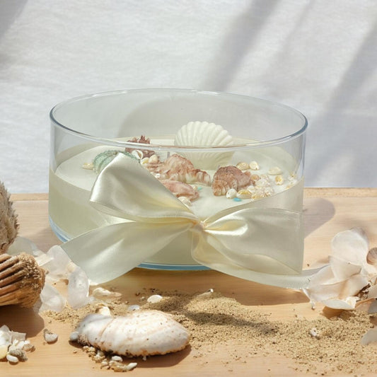 Vaso Rotondo In Vetro Con Composizione Di Conchiglie Dipinte A Mano