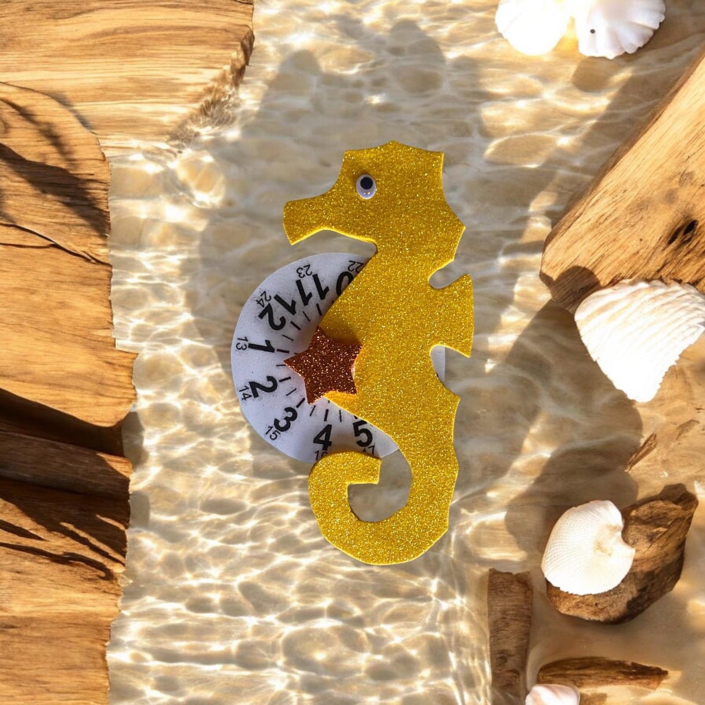 Disco orario a forma di cavalluccio marino simpatico, personalizzabile.