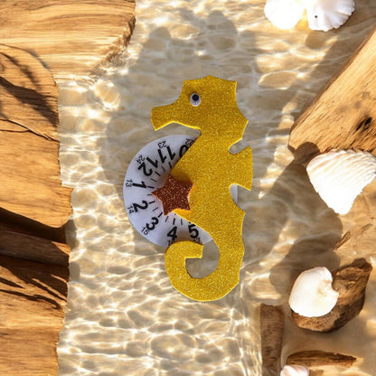 Disco orario a forma di cavalluccio marino simpatico, personalizzabile.